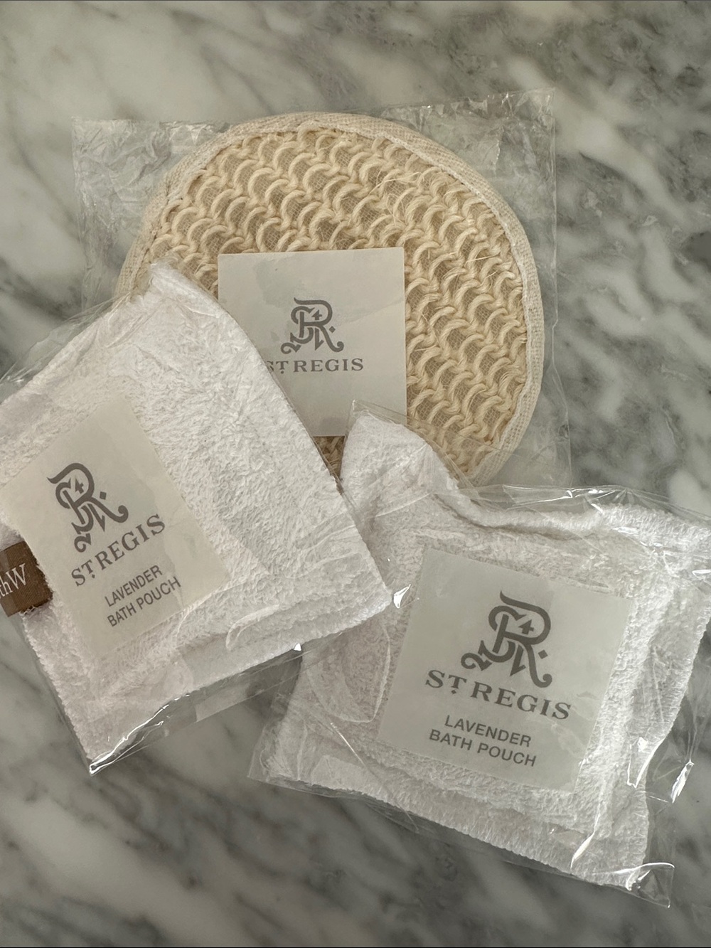 Bundle of 3 St. Regis bath tools - Lavender Bath Pouches  and exfoliating loofah